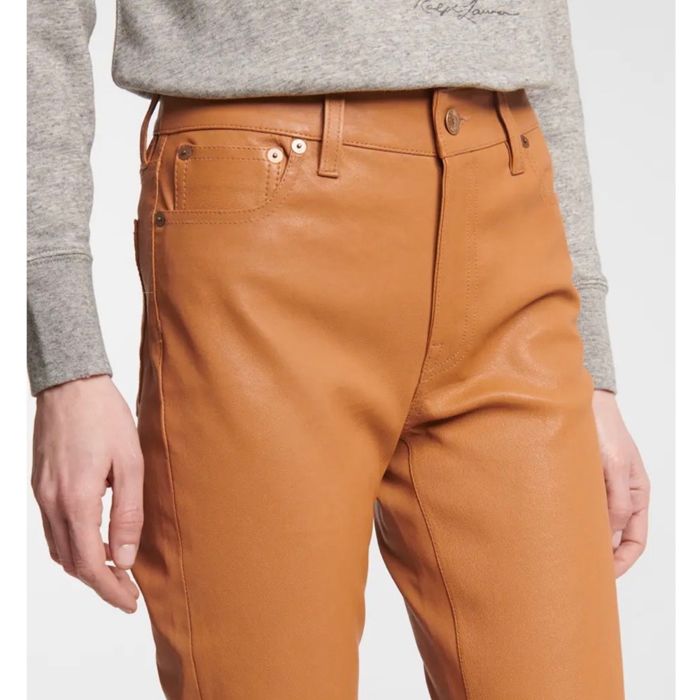 Ralph Lauren Saddle Brown Leather High Rise Slim Fit Pants